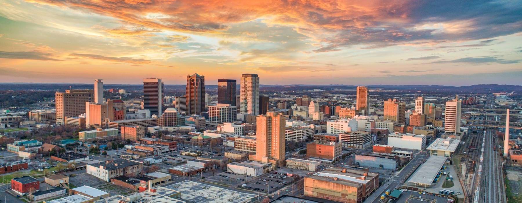 a city with a sunset